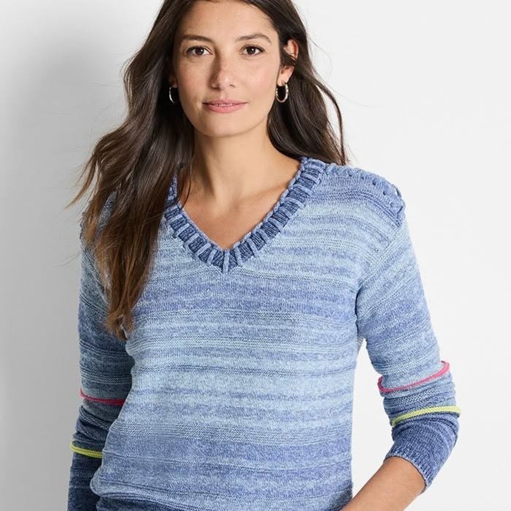 Nic + Zoe Denim Days Sweater Sz L Blue Indigo Yarn Relaxed Midweight V Neck